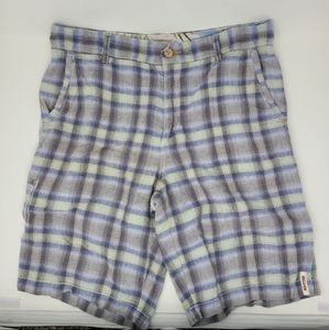 Tommy Bahama Linen Plaid Beach Summer Shorts Chino Green Blue size 33 Men